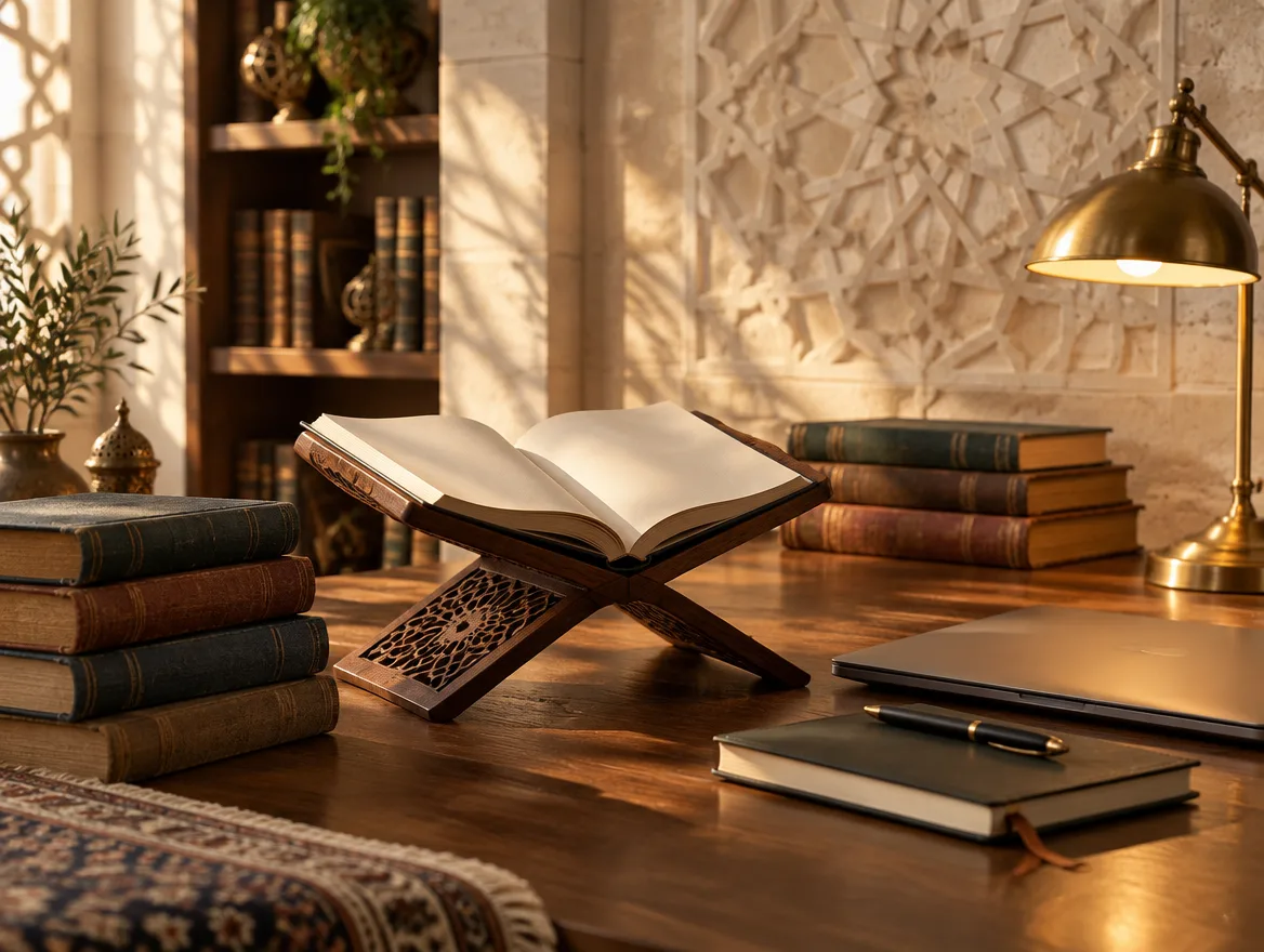 A quiet study with an open book on a wooden reading stand, beneath a carved geometric star